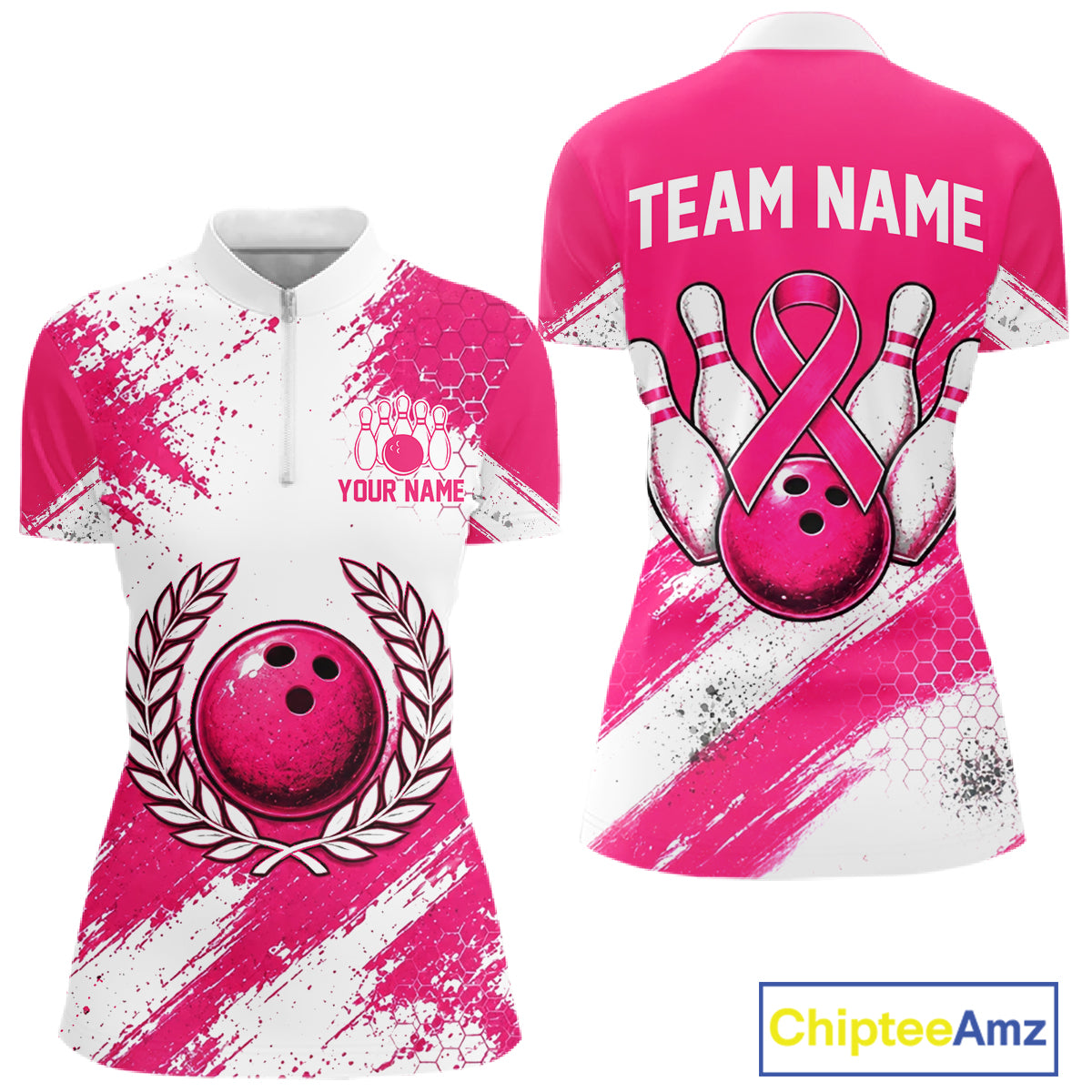 Custom Bowling Polo Shirt, Pink Breast Cancer Awareness Bowling Shirt, Personalized Team Jersey