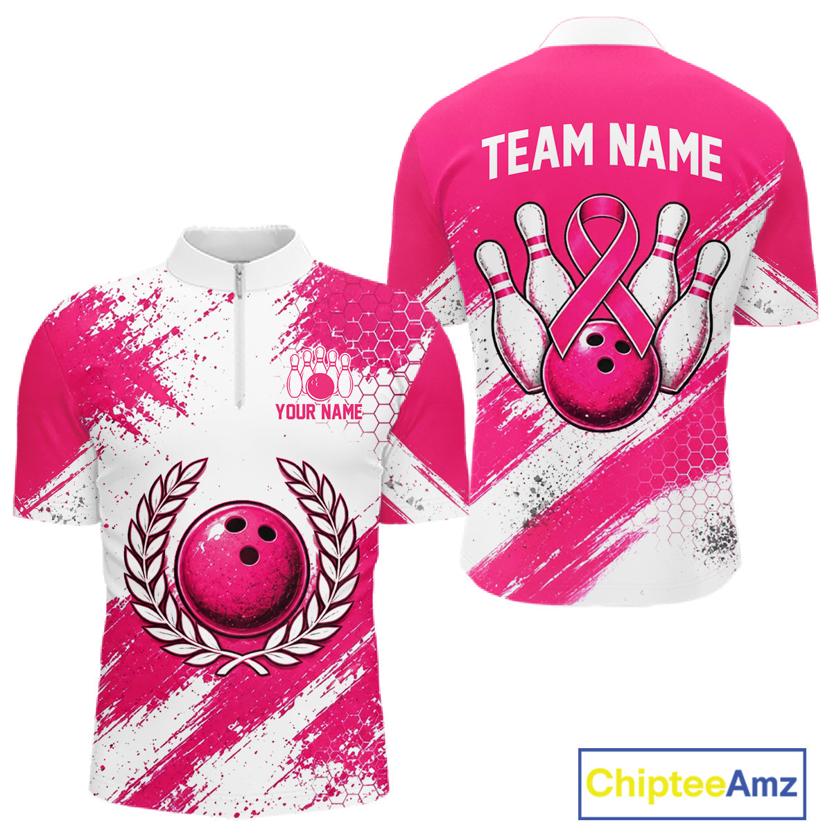 Custom Bowling Polo Shirt, Pink Breast Cancer Awareness Bowling Shirt, Personalized Team Jersey