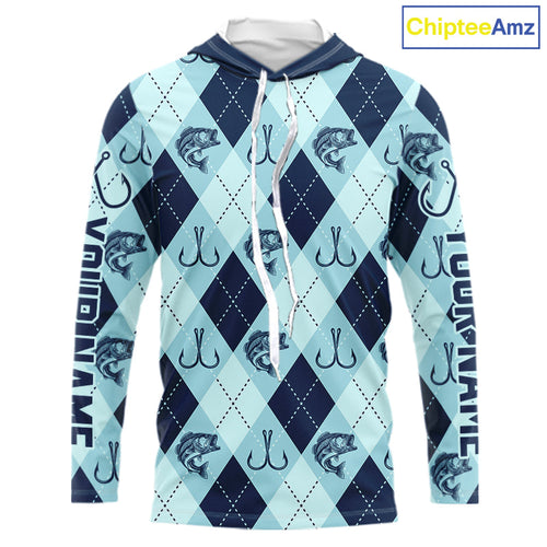 Personalized Largemouth Bass Fishing Hooded Long Sleeve Shirt, Argyle Fish Pattern Top