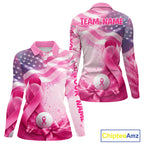 Golf Polo Shirt Breast Cancer Awareness Pink Ribbon USA Flag, Custom Name Team Golf Gift