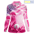Golf Polo Shirt Breast Cancer Awareness Pink Ribbon USA Flag, Custom Name Team Golf Gift
