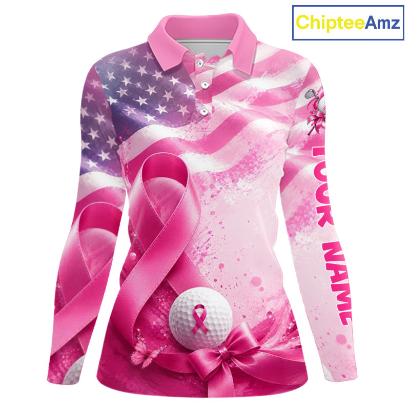 Golf Polo Shirt Breast Cancer Awareness Pink Ribbon USA Flag, Custom Name Team Golf Gift