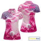 Golf Polo Shirt Breast Cancer Awareness Pink Ribbon USA Flag, Custom Name Team Golf Gift