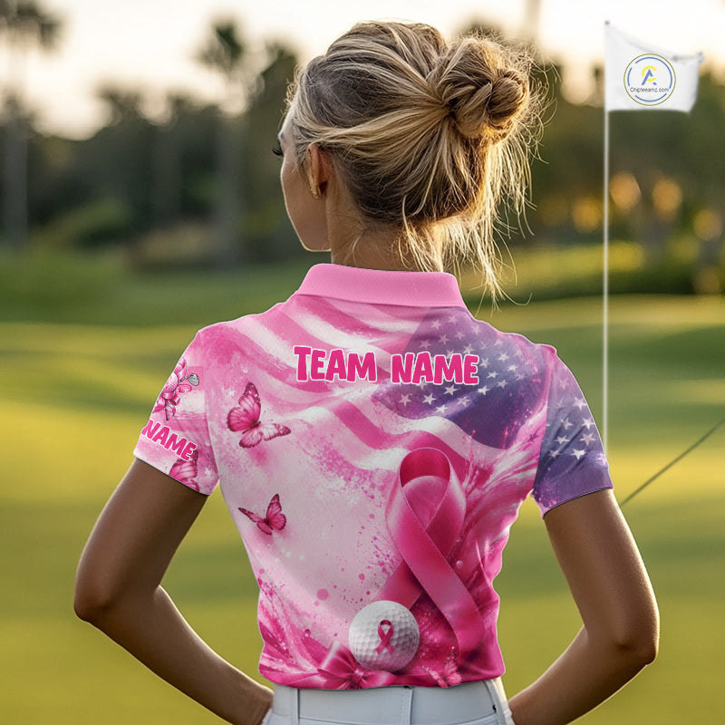 Golf Polo Shirt Breast Cancer Awareness Pink Ribbon USA Flag, Custom Name Team Golf Gift