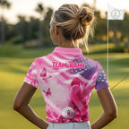 Golf Polo Shirt Breast Cancer Awareness Pink Ribbon USA Flag, Custom Name Team Golf Gift