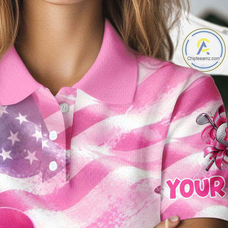 Golf Polo Shirt Breast Cancer Awareness Pink Ribbon USA Flag, Custom Name Team Golf Gift