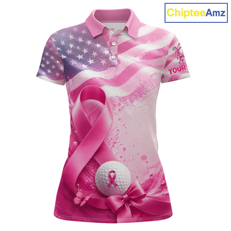 Golf Polo Shirt Breast Cancer Awareness Pink Ribbon USA Flag, Custom Name Team Golf Gift