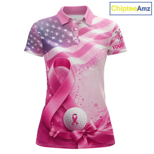 Golf Polo Shirt Breast Cancer Awareness Pink Ribbon USA Flag, Custom Name Team Golf Gift