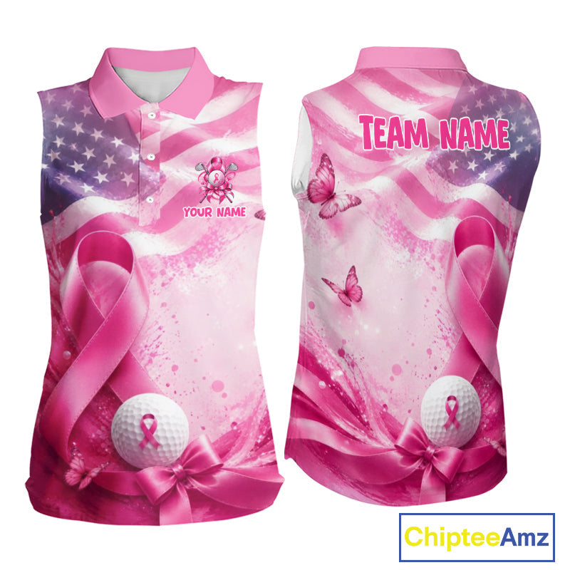Sleeveless Golf Polo Shirt Breast Cancer Awareness Pink Ribbon USA Flag, Custom Name Team Golf Gift