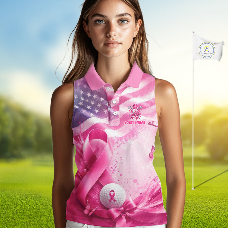 Sleeveless Golf Polo Shirt Breast Cancer Awareness Pink Ribbon USA Flag, Custom Name Team Golf Gift
