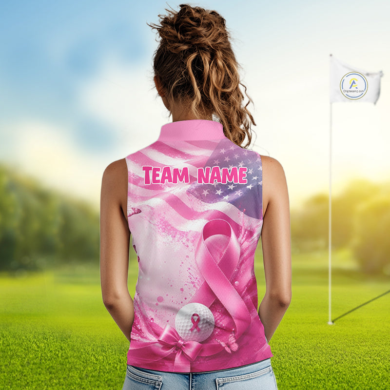Sleeveless Golf Polo Shirt Breast Cancer Awareness Pink Ribbon USA Flag, Custom Name Team Golf Gift