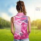 Sleeveless Golf Polo Shirt Breast Cancer Awareness Pink Ribbon USA Flag, Custom Name Team Golf Gift