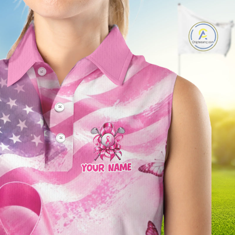 Sleeveless Golf Polo Shirt Breast Cancer Awareness Pink Ribbon USA Flag, Custom Name Team Golf Gift
