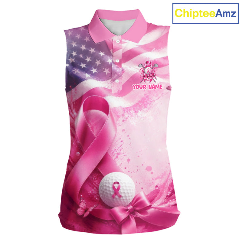 Sleeveless Golf Polo Shirt Breast Cancer Awareness Pink Ribbon USA Flag, Custom Name Team Golf Gift