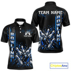 Blue Bowling Strike Ball Pins Polo Shirt Custom Black Team Tournament Jersey