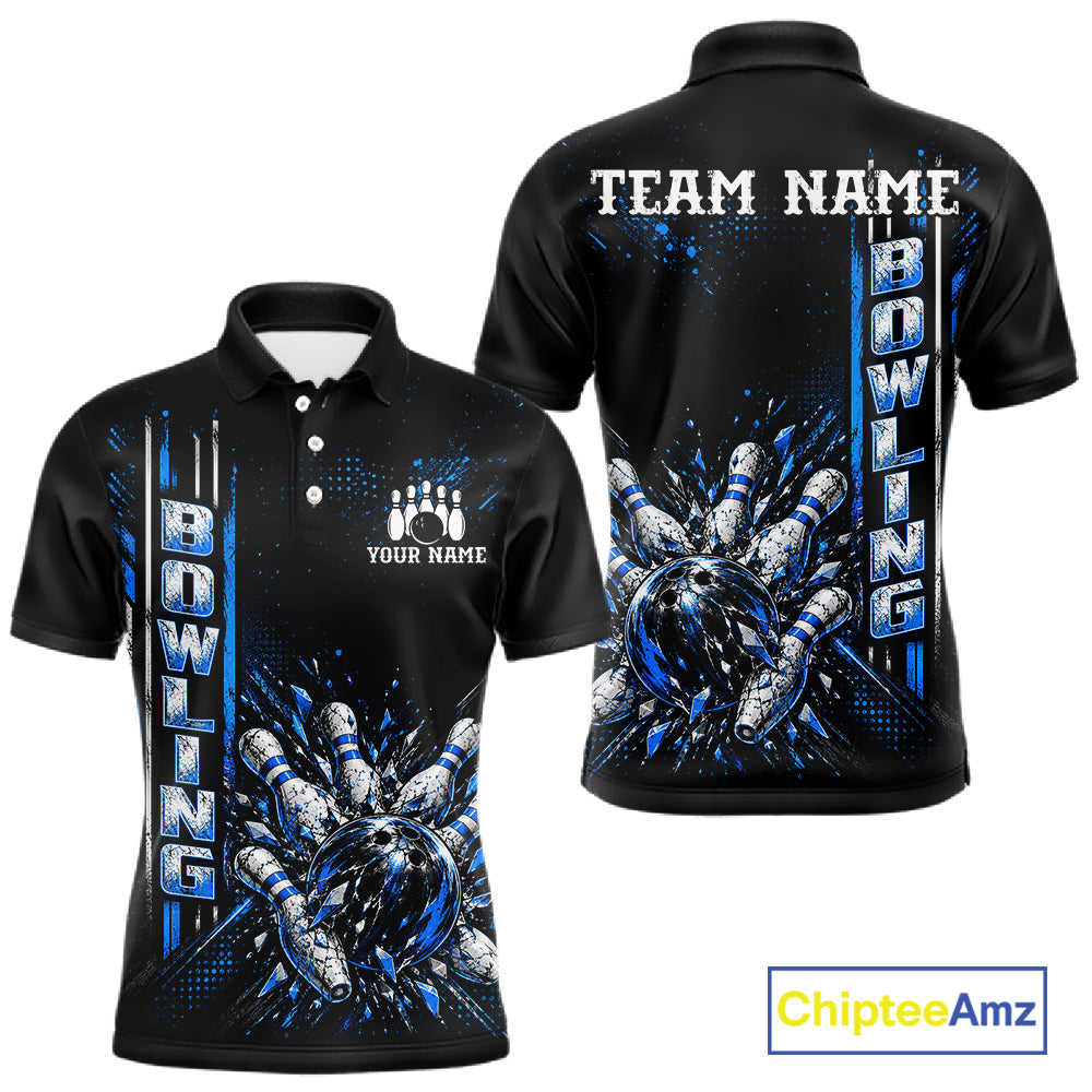Blue Bowling Strike Ball Pins Polo Shirt Custom Black Team Tournament Jersey