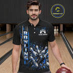 Blue Bowling Strike Ball Pins Polo Shirt Custom Black Team Tournament Jersey
