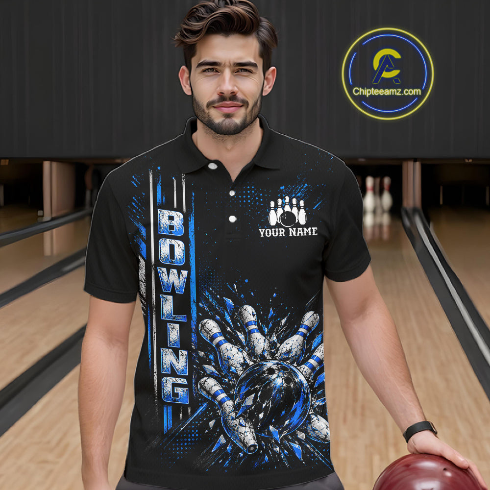 Blue Bowling Strike Ball Pins Polo Shirt Custom Black Team Tournament Jersey