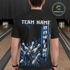 Blue Bowling Strike Ball Pins Polo Shirt Custom Black Team Tournament Jersey
