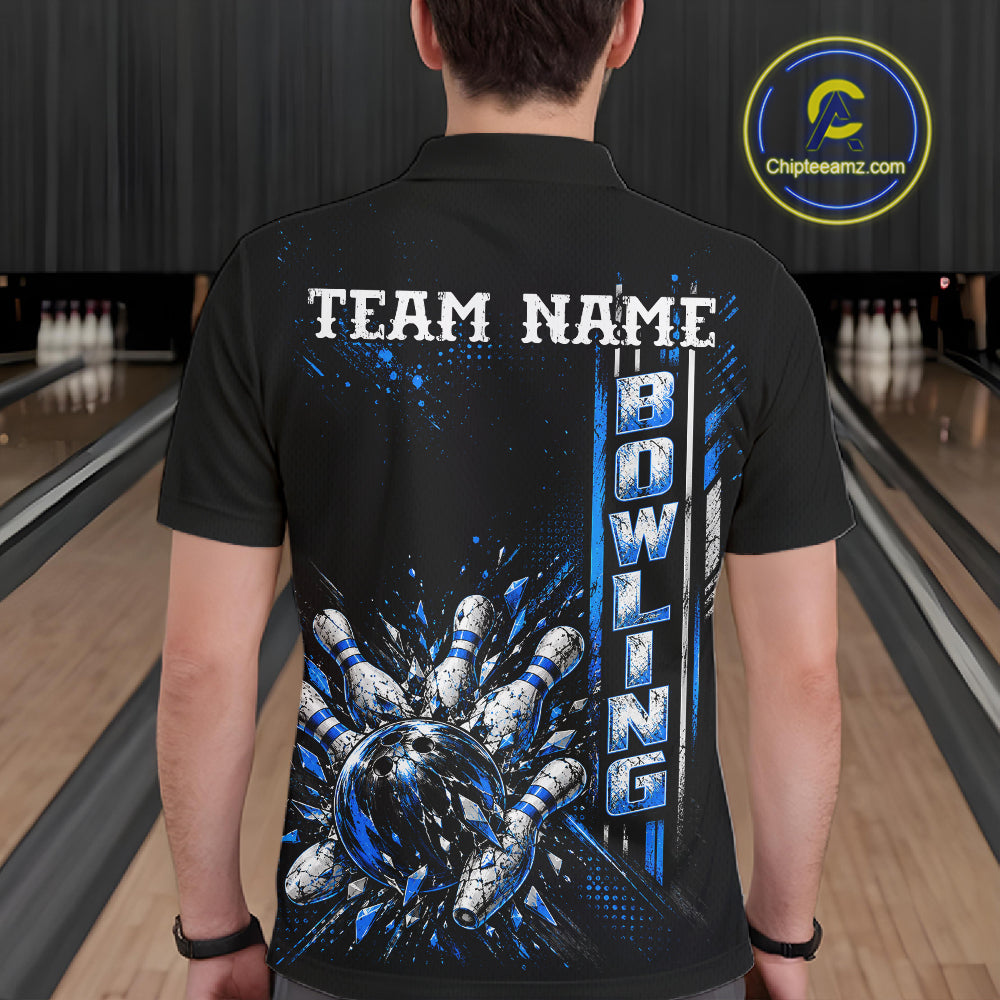 Blue Bowling Strike Ball Pins Polo Shirt Custom Black Team Tournament Jersey