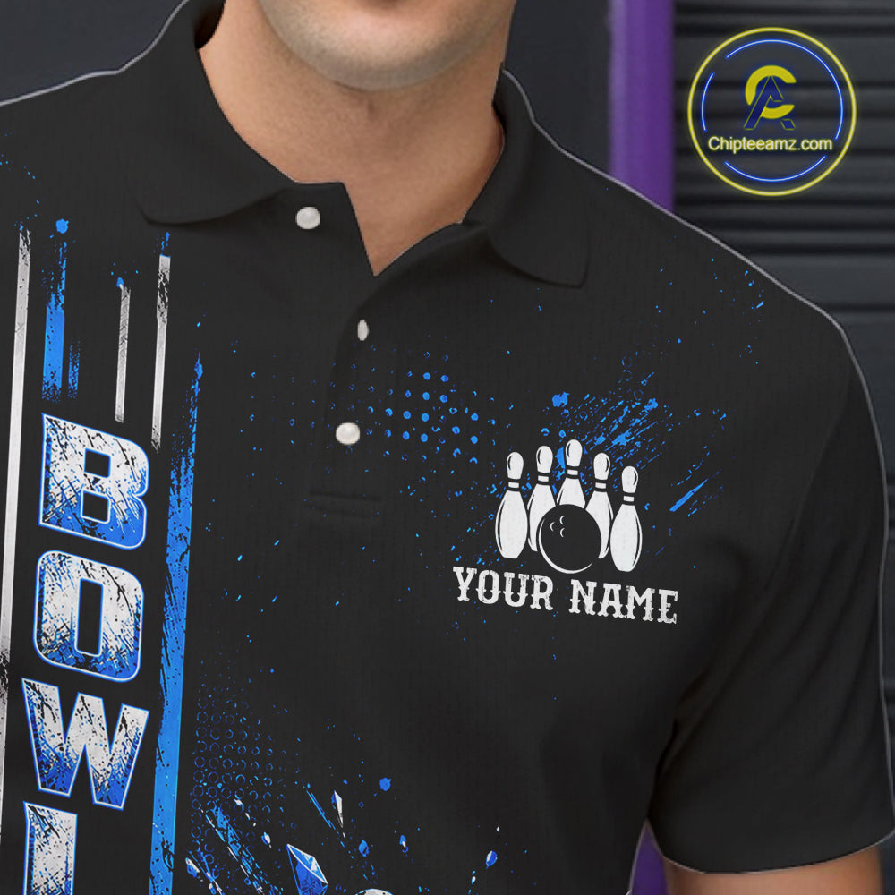 Blue Bowling Strike Ball Pins Polo Shirt Custom Black Team Tournament Jersey