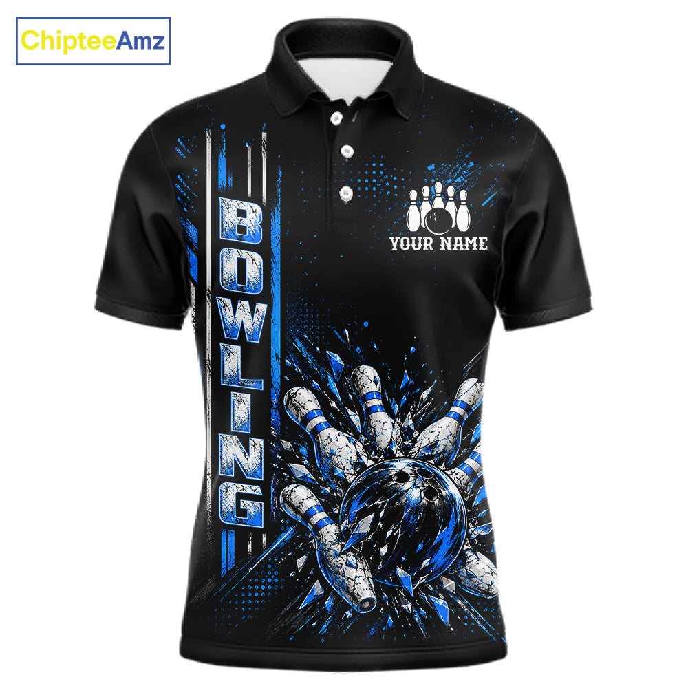 Blue Bowling Strike Ball Pins Polo Shirt Custom Black Team Tournament Jersey
