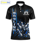 Blue Bowling Strike Ball Pins Polo Shirt Custom Black Team Tournament Jersey