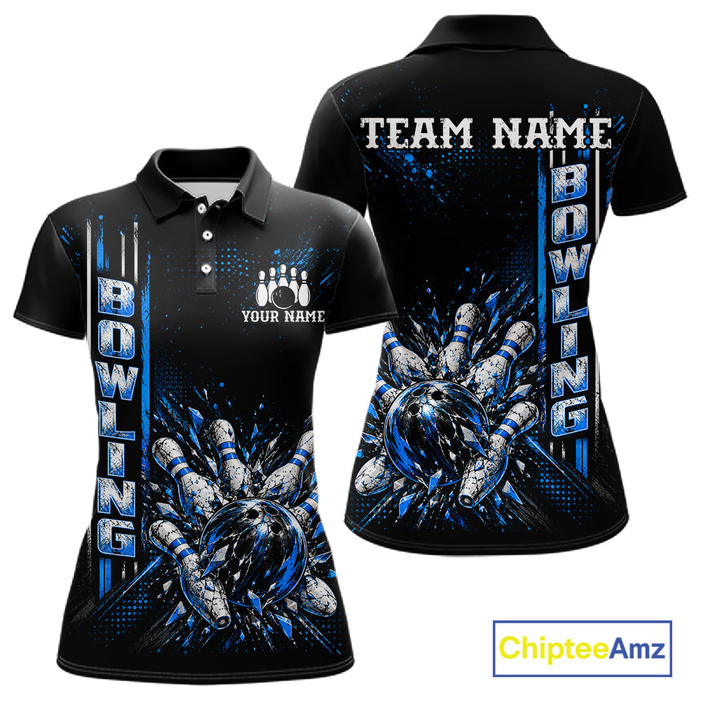 Blue Bowling Strike Ball Pins Polo Shirt Custom Black Team Tournament Jersey