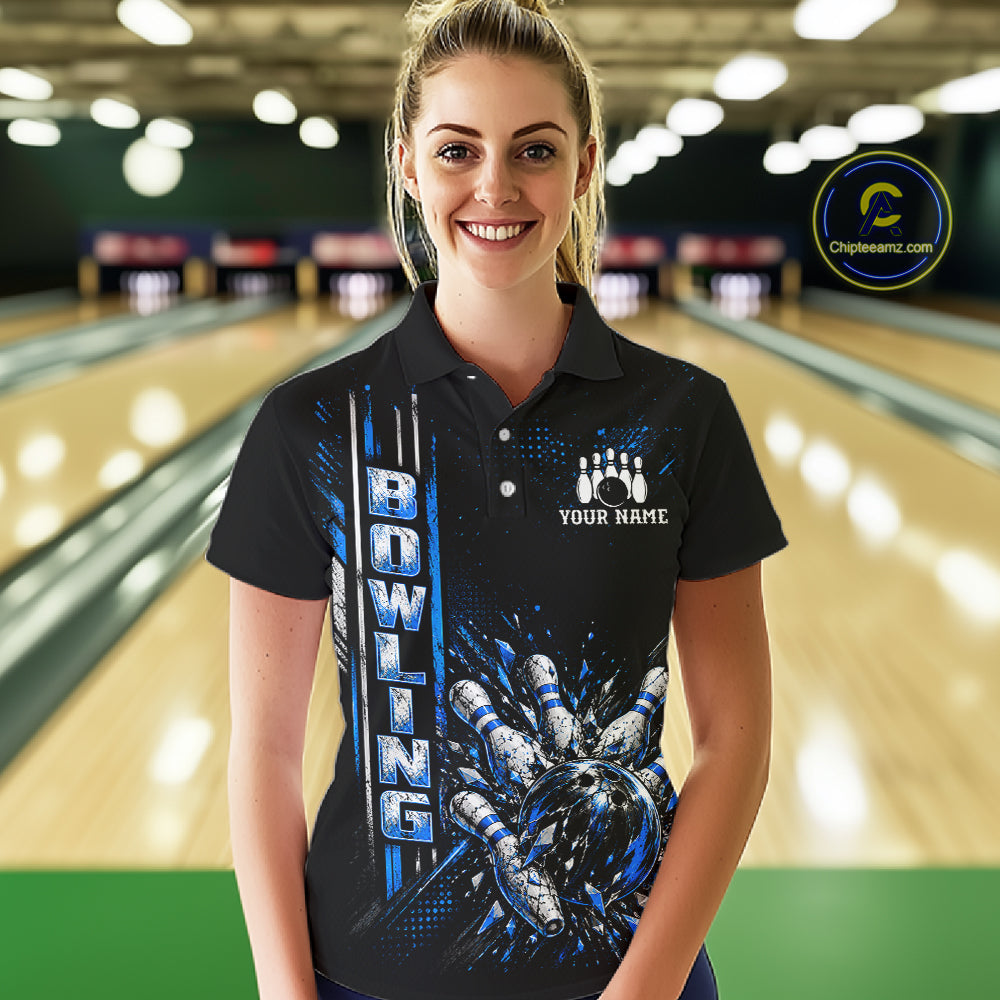 Blue Bowling Strike Ball Pins Polo Shirt Custom Black Team Tournament Jersey