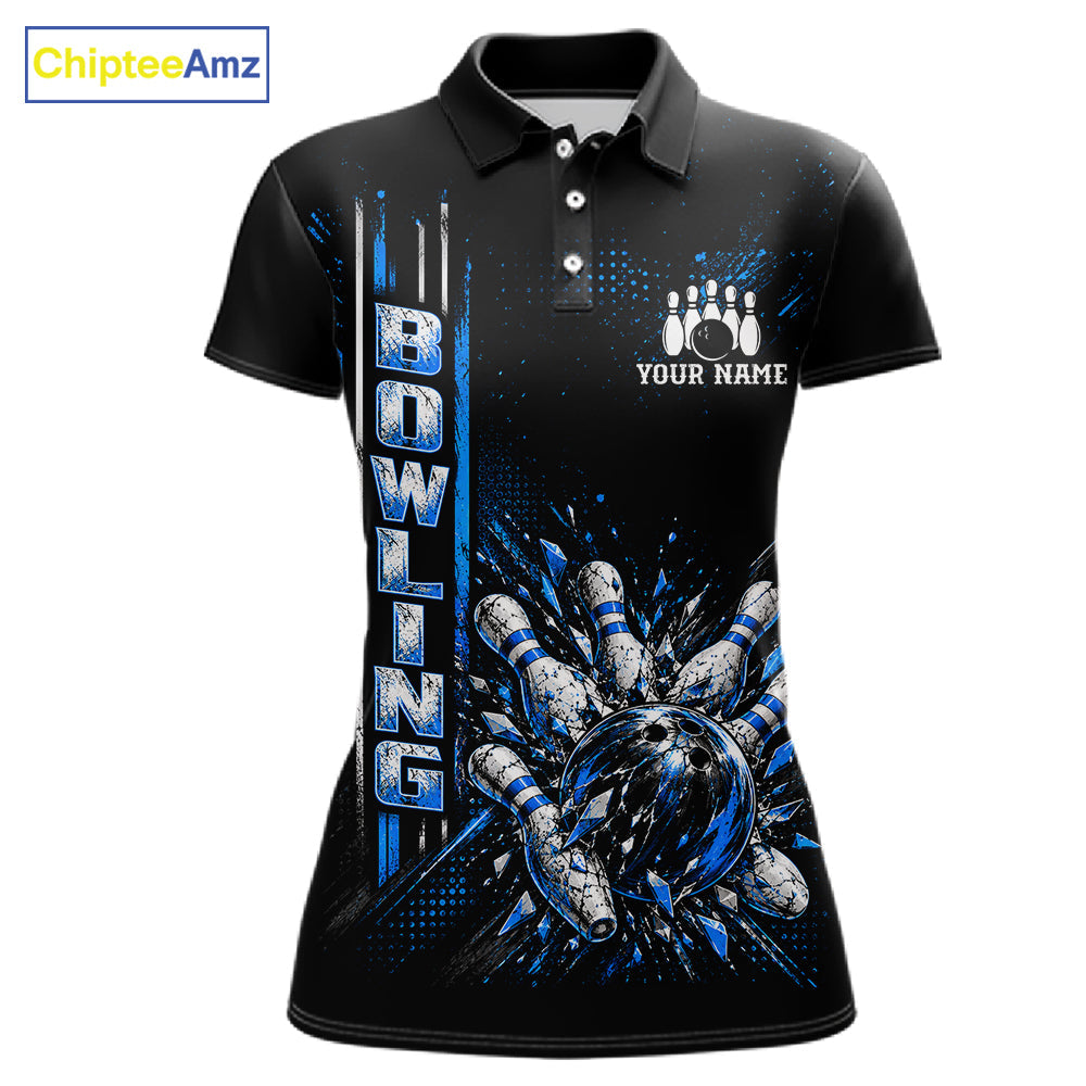 Blue Bowling Strike Ball Pins Polo Shirt Custom Black Team Tournament Jersey