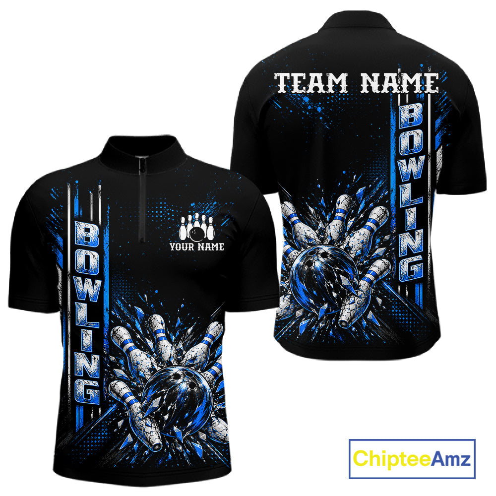 Blue Bowling Strike Ball Pins Polo Shirt Custom Black Team Tournament Jersey
