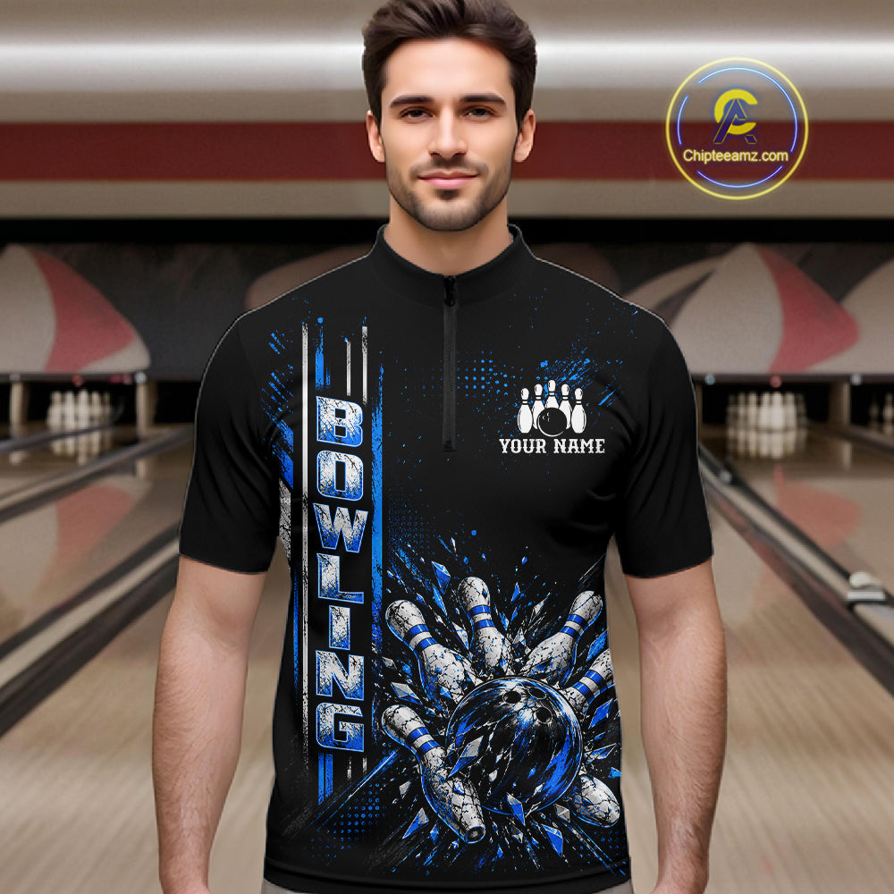 Blue Bowling Strike Ball Pins Polo Shirt Custom Black Team Tournament Jersey