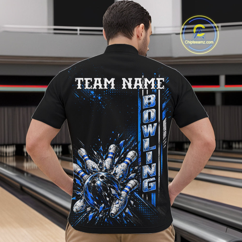 Blue Bowling Strike Ball Pins Polo Shirt Custom Black Team Tournament Jersey