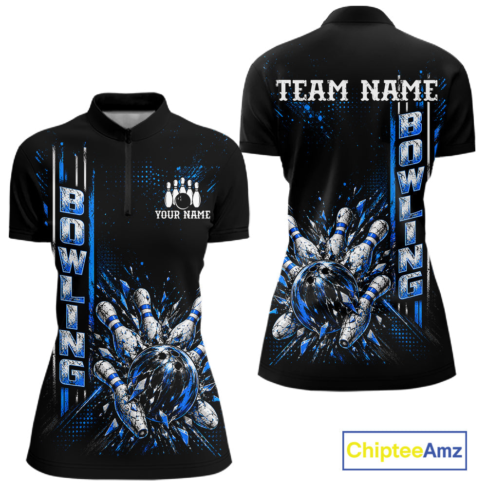 Blue Bowling Strike Ball Pins Polo Shirt Custom Black Team Tournament Jersey