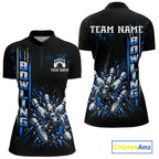 Blue Bowling Strike Ball Pins Polo Shirt Custom Black Team Tournament Jersey