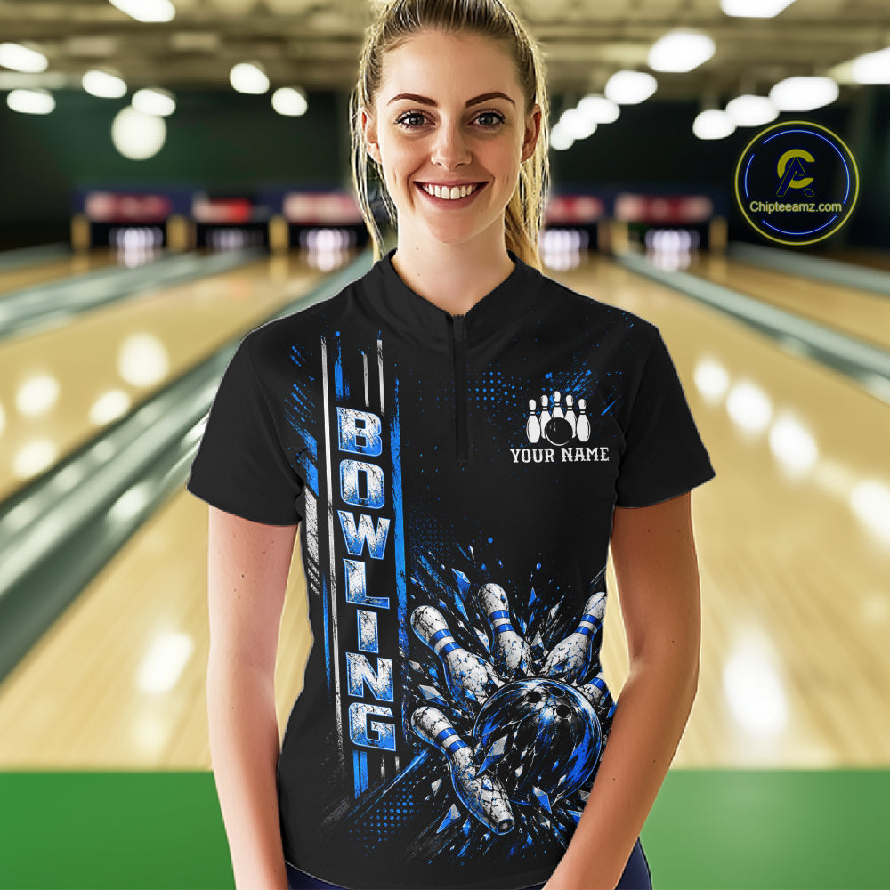 Blue Bowling Strike Ball Pins Polo Shirt Custom Black Team Tournament Jersey