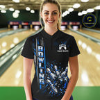 Blue Bowling Strike Ball Pins Polo Shirt Custom Black Team Tournament Jersey