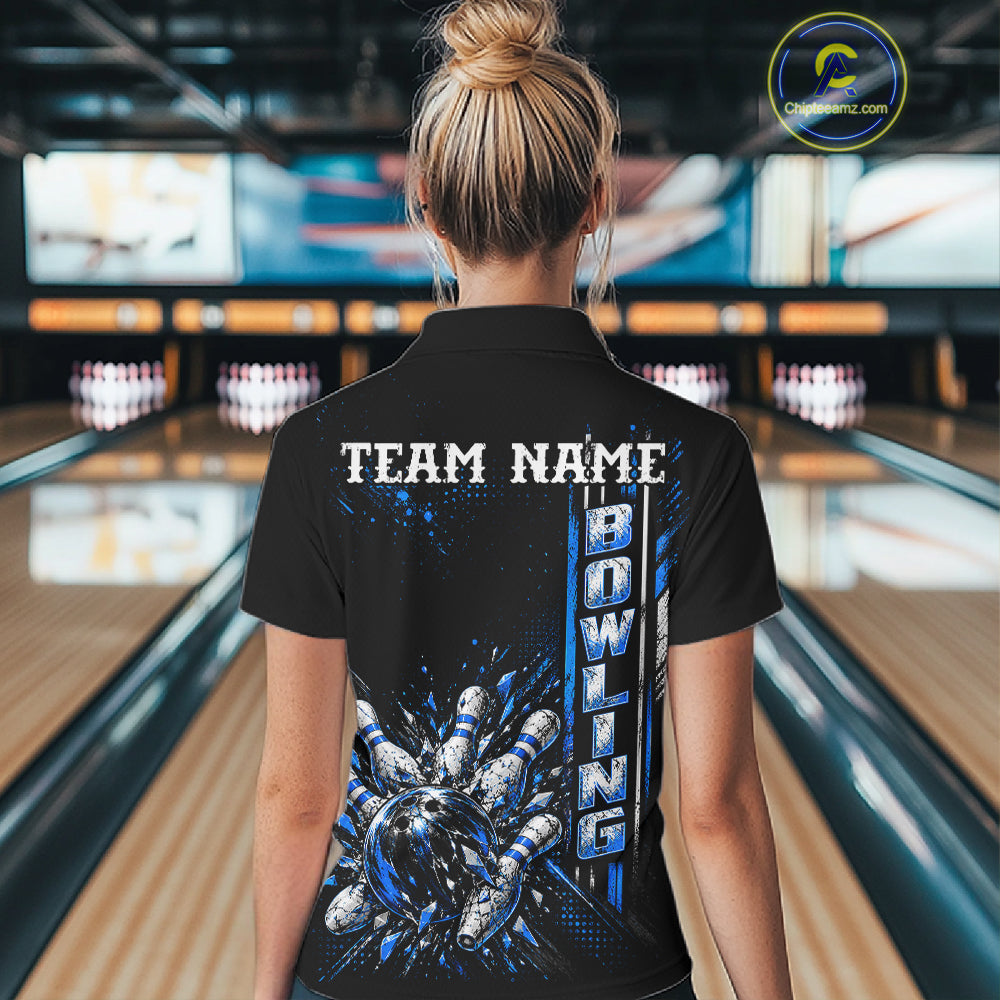 Blue Bowling Strike Ball Pins Polo Shirt Custom Black Team Tournament Jersey