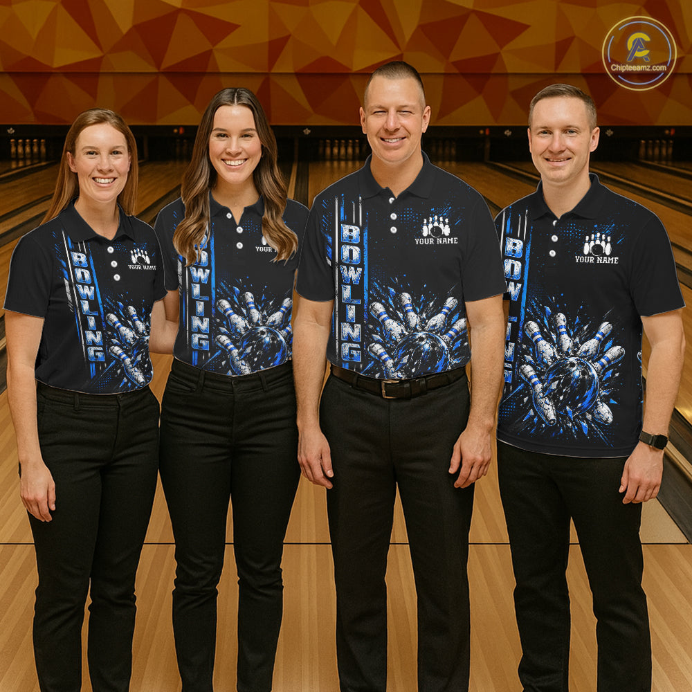 Blue Bowling Strike Ball Pins Polo Shirt Custom Black Team Tournament Jersey