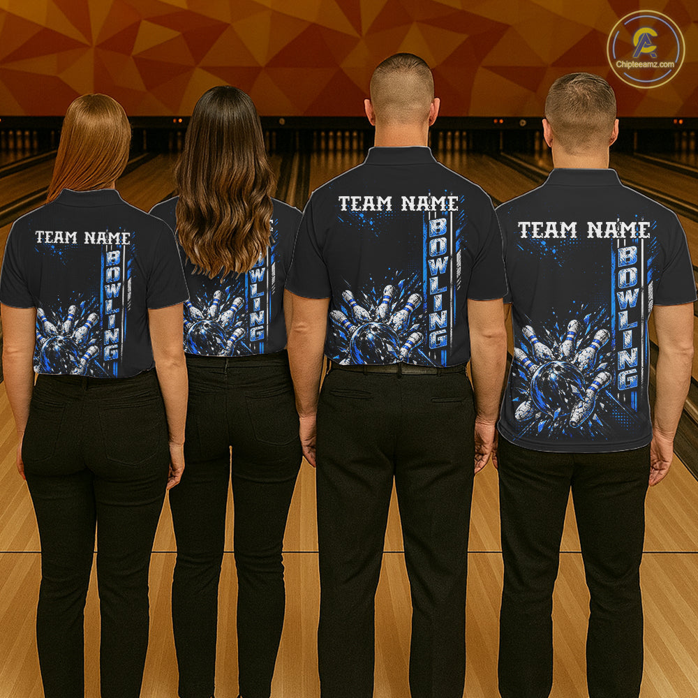 Blue Bowling Strike Ball Pins Polo Shirt Custom Black Team Tournament Jersey