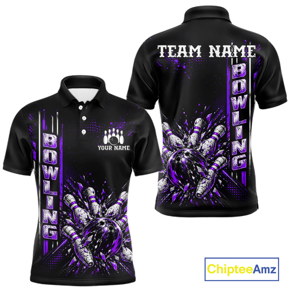 Purple Bowling Strike Ball Pins Polo Shirt Custom Black Team Tournament Jersey