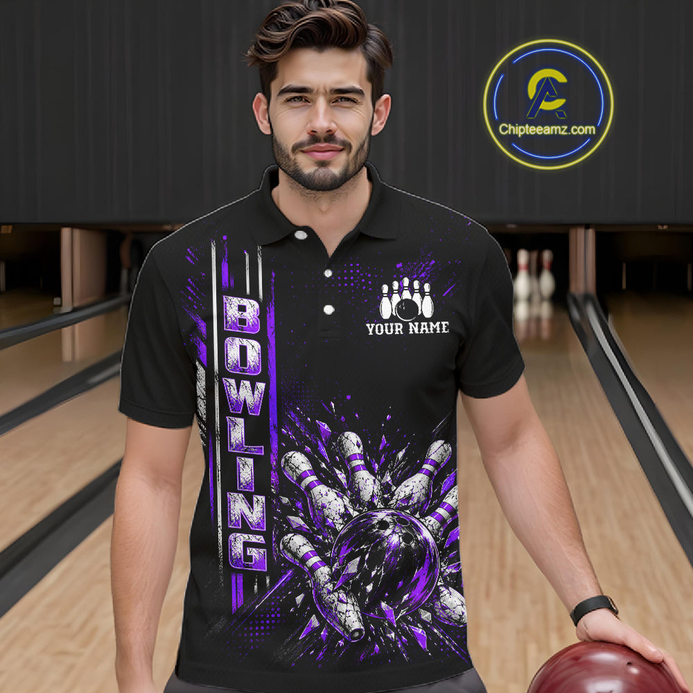 Purple Bowling Strike Ball Pins Polo Shirt Custom Black Team Tournament Jersey