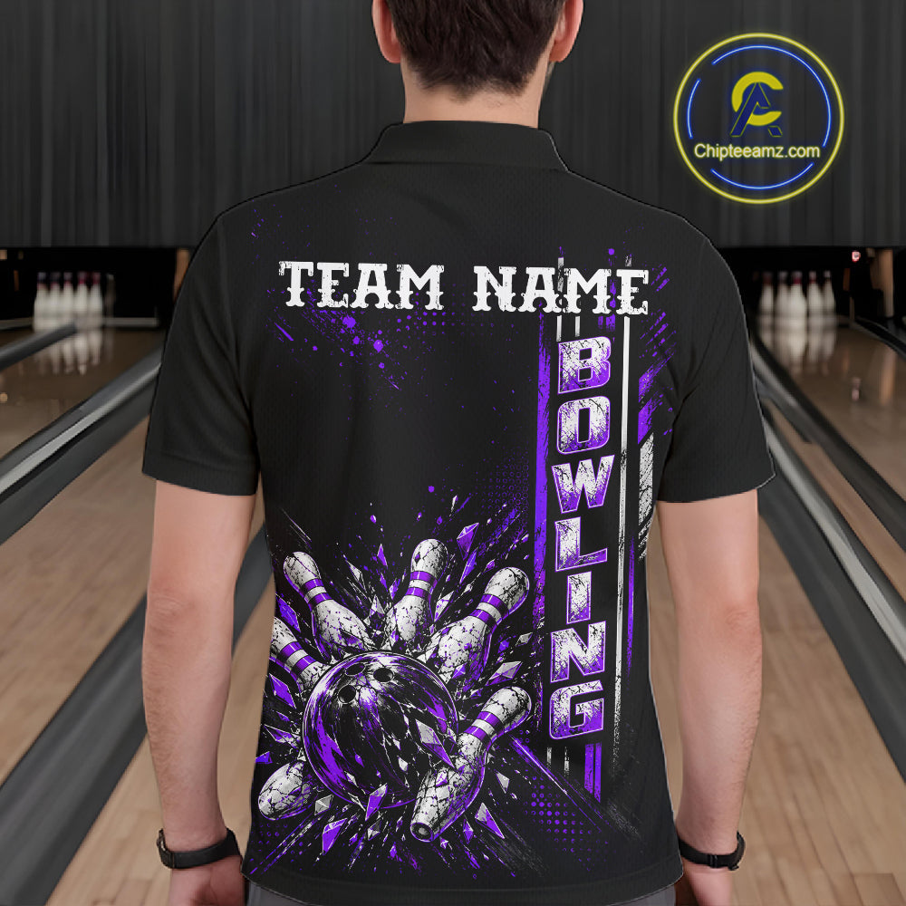 Purple Bowling Strike Ball Pins Polo Shirt Custom Black Team Tournament Jersey