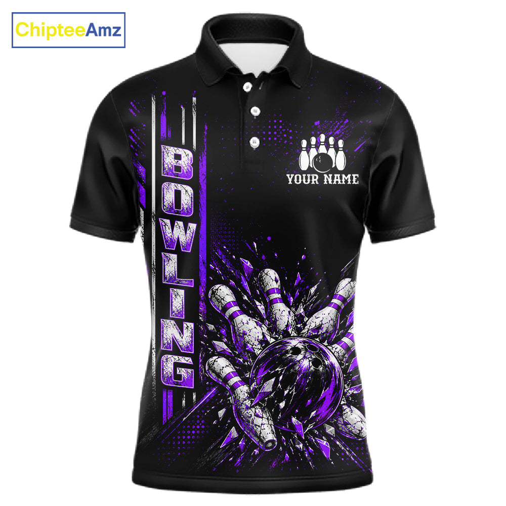 Purple Bowling Strike Ball Pins Polo Shirt Custom Black Team Tournament Jersey