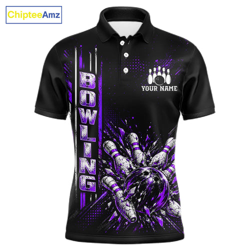 Purple Bowling Strike Ball Pins Polo Shirt Custom Black Team Tournament Jersey