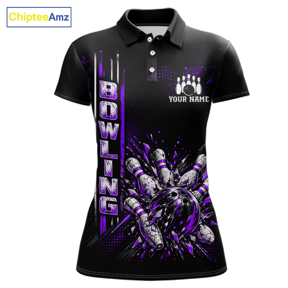 Purple Bowling Strike Ball Pins Polo Shirt Custom Black Team Tournament Jersey