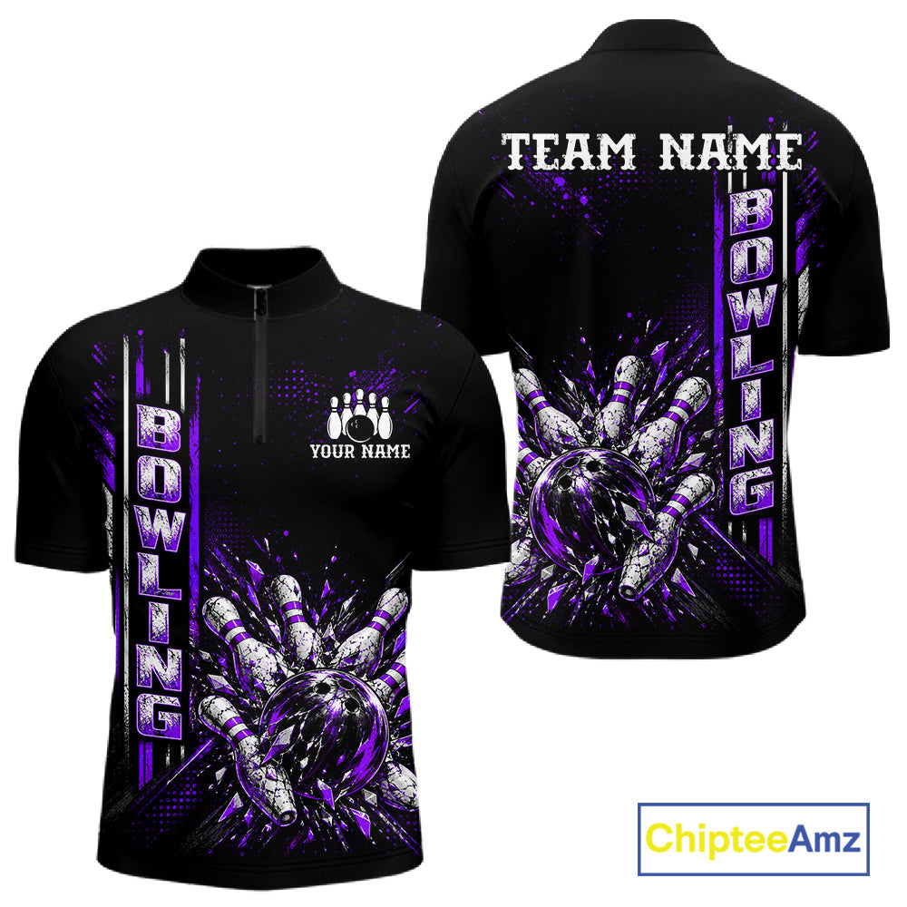 Purple Bowling Strike Ball Pins Polo Shirt Custom Black Team Tournament Jersey