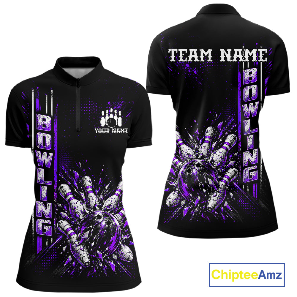 Purple Bowling Strike Ball Pins Polo Shirt Custom Black Team Tournament Jersey