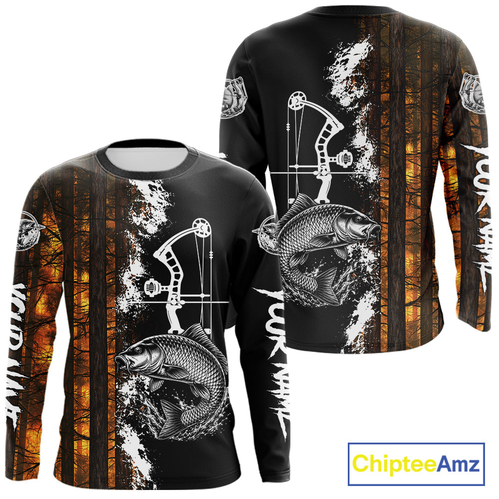 's Carp Fishing Shirts Long Sleeve Performance Shirt, Custom Forest Orange Camo Shirt