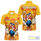 Yellow Tropical Cat Bowling Player Polo Shirt Custom Beer Drinking Sports Club Match Jersey